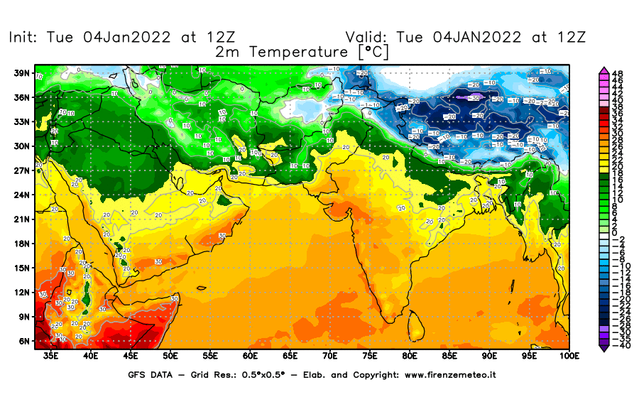 Mappa di analisi GFS - Temperatura a 2 metri dal suolo [°C] in Asia Sud-Occidentale
							del 04/01/2022 12 <!--googleoff: index-->UTC<!--googleon: index-->