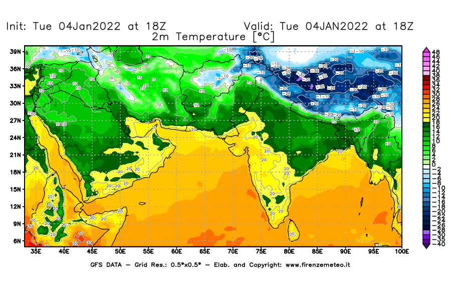 Mappa di analisi GFS - Temperatura a 2 metri dal suolo [°C] in Asia Sud-Occidentale
							del 04/01/2022 18 <!--googleoff: index-->UTC<!--googleon: index-->