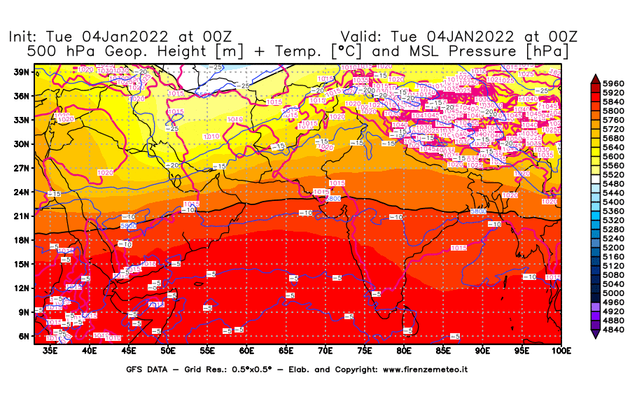 Mappa di analisi GFS - Geopotenziale [m] + Temp. [°C] a 500 hPa + Press. a livello del mare [hPa] in Asia Sud-Occidentale
							del 04/01/2022 00 <!--googleoff: index-->UTC<!--googleon: index-->