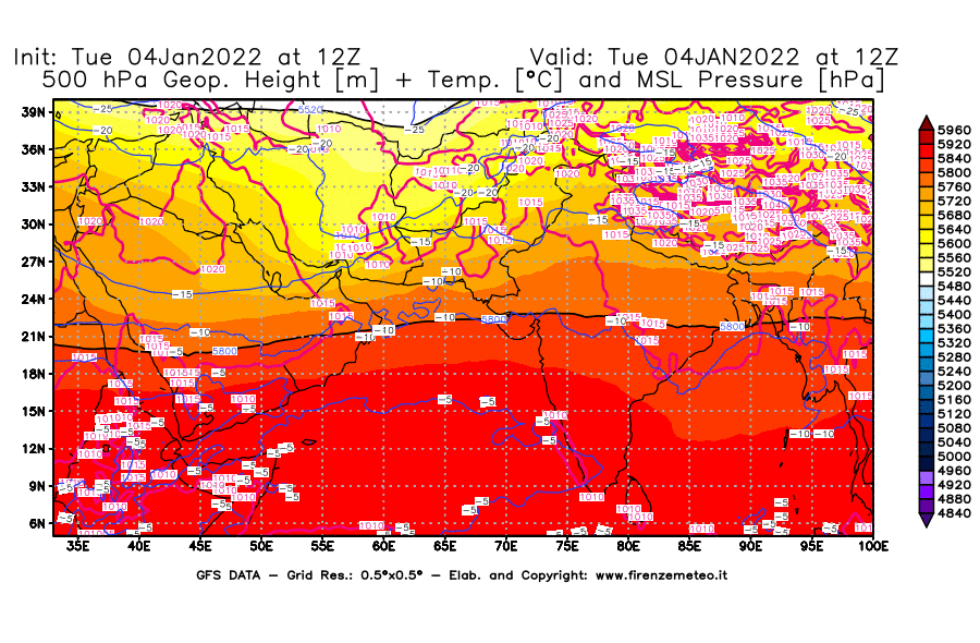 Mappa di analisi GFS - Geopotenziale [m] + Temp. [°C] a 500 hPa + Press. a livello del mare [hPa] in Asia Sud-Occidentale
							del 04/01/2022 12 <!--googleoff: index-->UTC<!--googleon: index-->