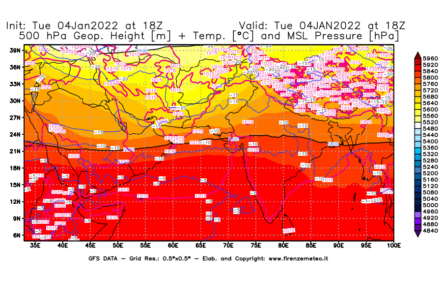 Mappa di analisi GFS - Geopotenziale [m] + Temp. [°C] a 500 hPa + Press. a livello del mare [hPa] in Asia Sud-Occidentale
							del 04/01/2022 18 <!--googleoff: index-->UTC<!--googleon: index-->