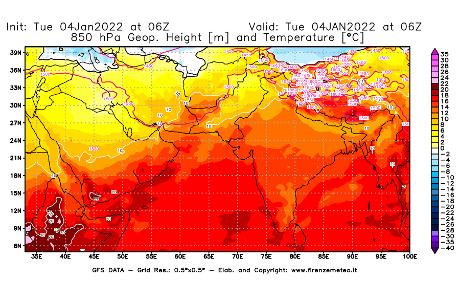 Mappa di analisi GFS - Geopotenziale [m] e Temperatura [°C] a 850 hPa in Asia Sud-Occidentale
							del 04/01/2022 06 <!--googleoff: index-->UTC<!--googleon: index-->