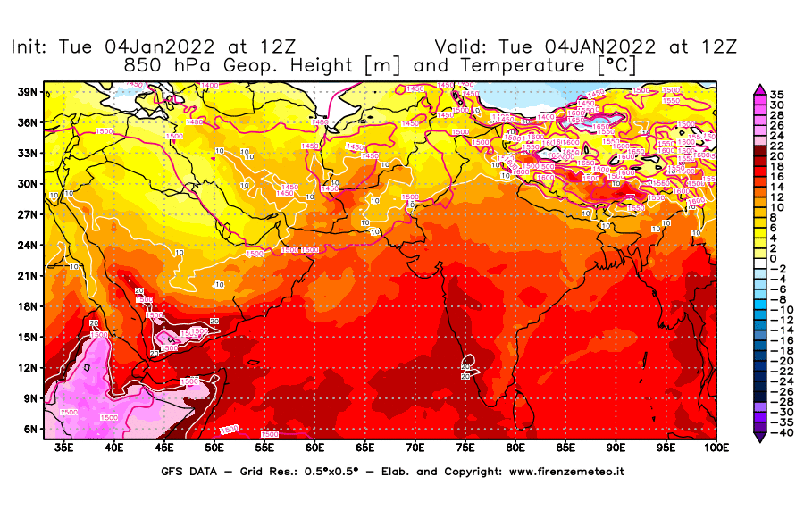 Mappa di analisi GFS - Geopotenziale [m] e Temperatura [°C] a 850 hPa in Asia Sud-Occidentale
							del 04/01/2022 12 <!--googleoff: index-->UTC<!--googleon: index-->