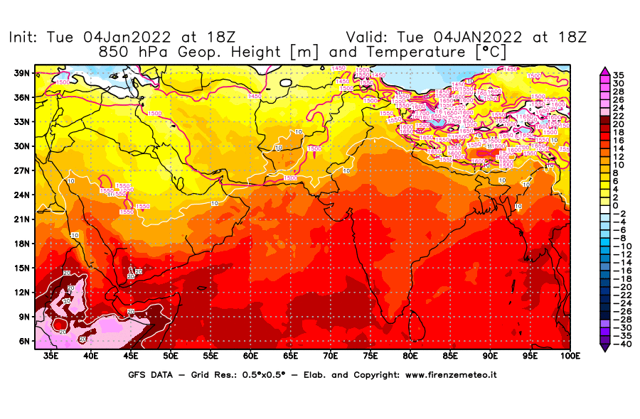 Mappa di analisi GFS - Geopotenziale [m] e Temperatura [°C] a 850 hPa in Asia Sud-Occidentale
							del 04/01/2022 18 <!--googleoff: index-->UTC<!--googleon: index-->