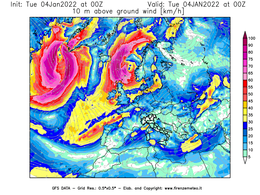 Mappa di analisi GFS - Velocità del vento a 10 metri dal suolo [km/h] in Europa
							del 04/01/2022 00 <!--googleoff: index-->UTC<!--googleon: index-->