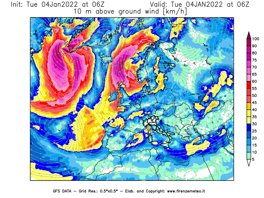 Mappa di analisi GFS - Velocità del vento a 10 metri dal suolo [km/h] in Europa
							del 04/01/2022 06 <!--googleoff: index-->UTC<!--googleon: index-->