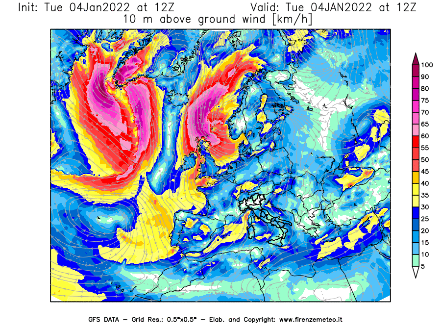 Mappa di analisi GFS - Velocità del vento a 10 metri dal suolo [km/h] in Europa
							del 04/01/2022 12 <!--googleoff: index-->UTC<!--googleon: index-->