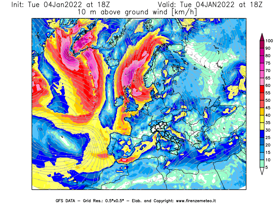 Mappa di analisi GFS - Velocità del vento a 10 metri dal suolo [km/h] in Europa
							del 04/01/2022 18 <!--googleoff: index-->UTC<!--googleon: index-->