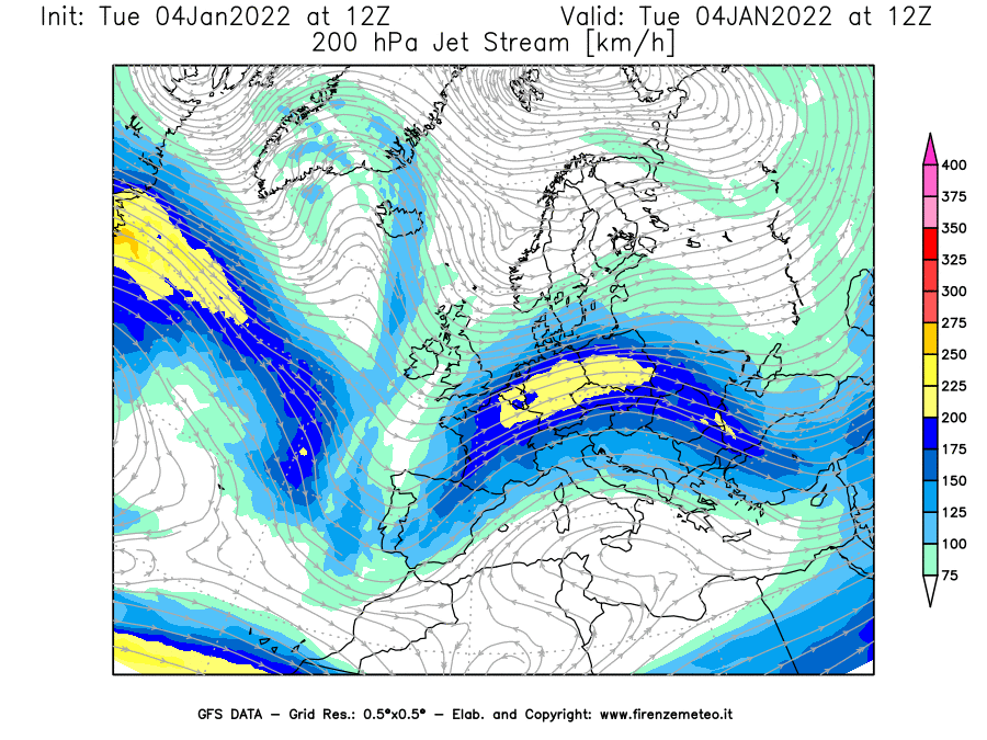Mappa di analisi GFS - Jet Stream a 200 hPa in Europa
							del 04/01/2022 12 <!--googleoff: index-->UTC<!--googleon: index-->
