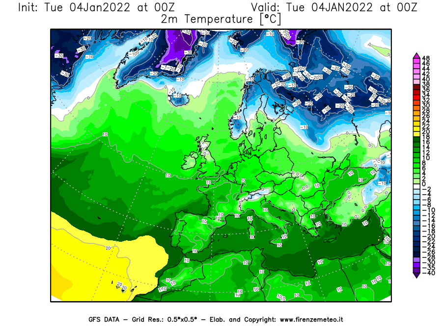 Mappa di analisi GFS - Temperatura a 2 metri dal suolo [°C] in Europa
							del 04/01/2022 00 <!--googleoff: index-->UTC<!--googleon: index-->