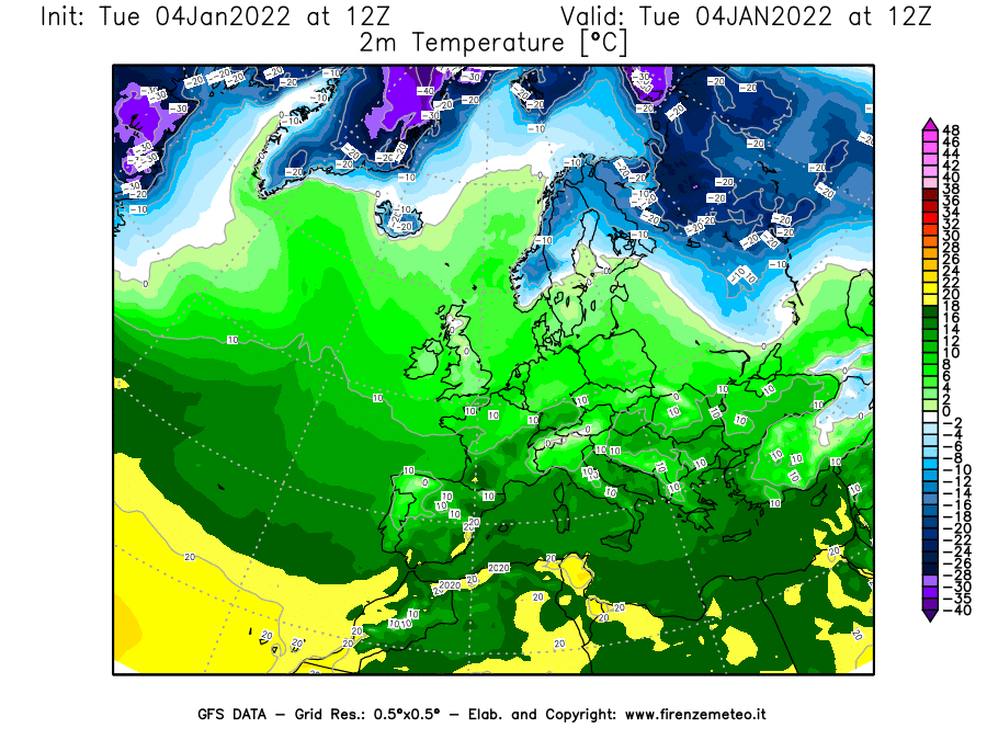 Mappa di analisi GFS - Temperatura a 2 metri dal suolo [°C] in Europa
							del 04/01/2022 12 <!--googleoff: index-->UTC<!--googleon: index-->