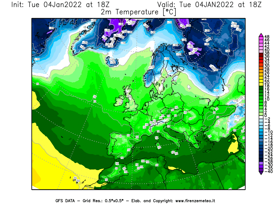 Mappa di analisi GFS - Temperatura a 2 metri dal suolo [°C] in Europa
							del 04/01/2022 18 <!--googleoff: index-->UTC<!--googleon: index-->