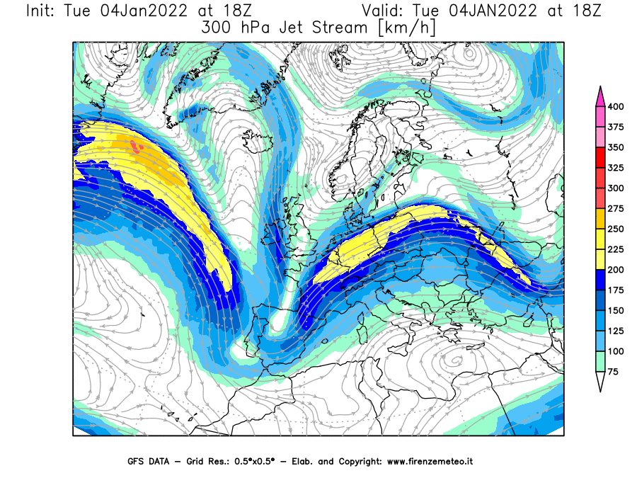Mappa di analisi GFS - Jet Stream a 300 hPa in Europa
							del 04/01/2022 18 <!--googleoff: index-->UTC<!--googleon: index-->
