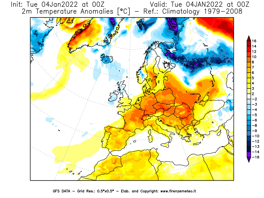Mappa di analisi GFS - Anomalia Temperatura [°C] a 2 m in Europa
							del 04/01/2022 00 <!--googleoff: index-->UTC<!--googleon: index-->