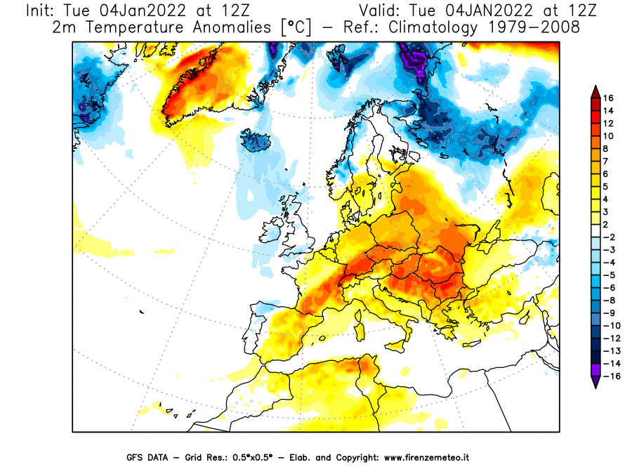 Mappa di analisi GFS - Anomalia Temperatura [°C] a 2 m in Europa
							del 04/01/2022 12 <!--googleoff: index-->UTC<!--googleon: index-->