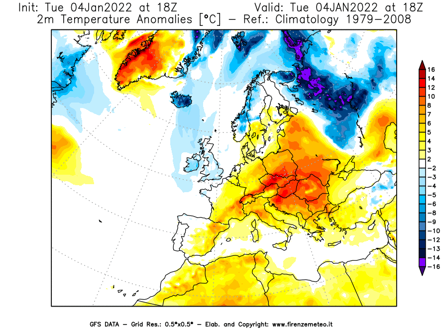 Mappa di analisi GFS - Anomalia Temperatura [°C] a 2 m in Europa
							del 04/01/2022 18 <!--googleoff: index-->UTC<!--googleon: index-->