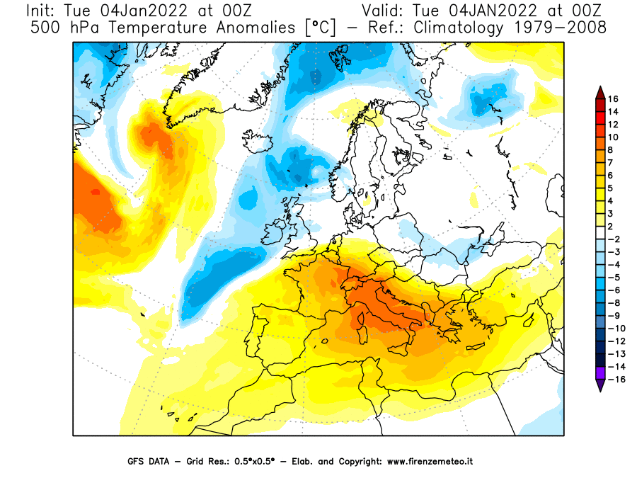 Mappa di analisi GFS - Anomalia Temperatura [°C] a 500 hPa in Europa
							del 04/01/2022 00 <!--googleoff: index-->UTC<!--googleon: index-->