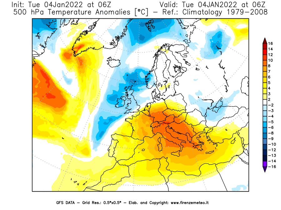 Mappa di analisi GFS - Anomalia Temperatura [°C] a 500 hPa in Europa
							del 04/01/2022 06 <!--googleoff: index-->UTC<!--googleon: index-->