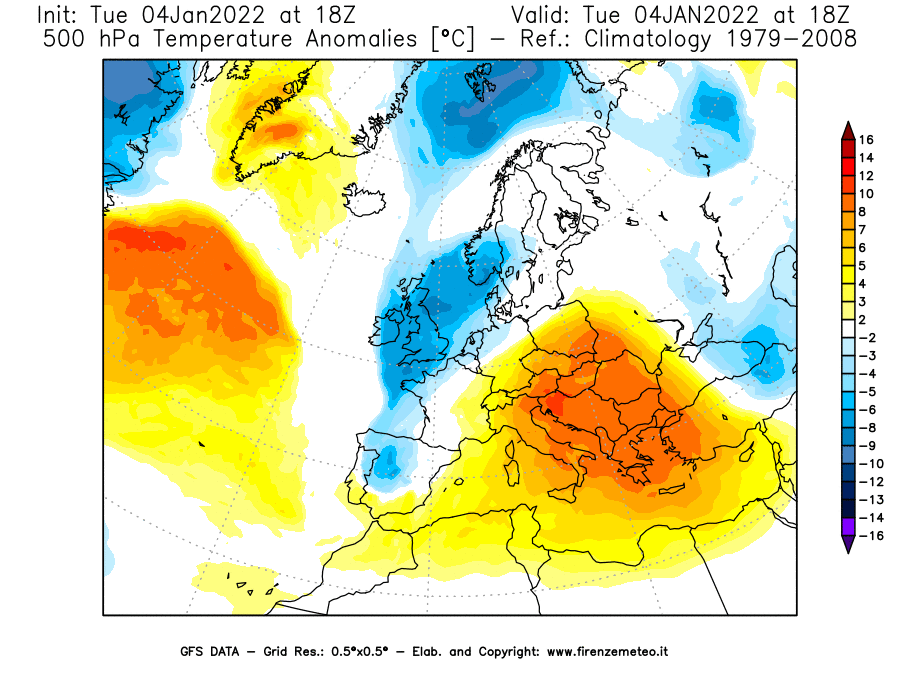 Mappa di analisi GFS - Anomalia Temperatura [°C] a 500 hPa in Europa
							del 04/01/2022 18 <!--googleoff: index-->UTC<!--googleon: index-->