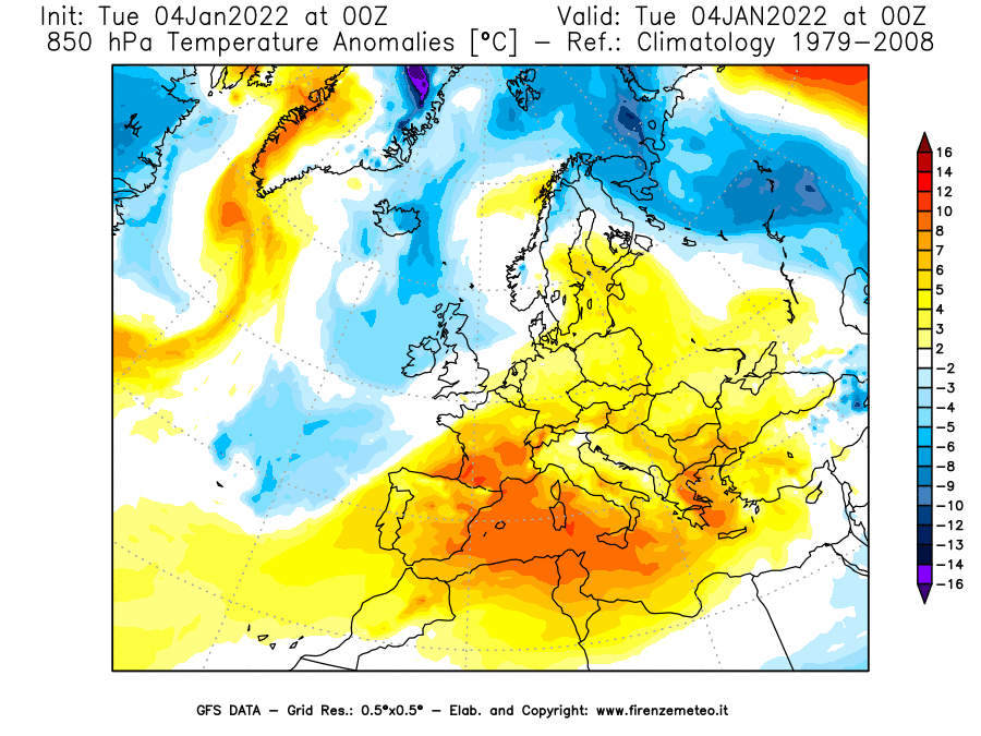 Mappa di analisi GFS - Anomalia Temperatura [°C] a 850 hPa in Europa
							del 04/01/2022 00 <!--googleoff: index-->UTC<!--googleon: index-->