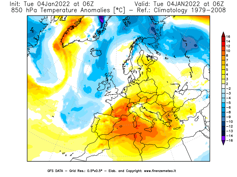 Mappa di analisi GFS - Anomalia Temperatura [°C] a 850 hPa in Europa
							del 04/01/2022 06 <!--googleoff: index-->UTC<!--googleon: index-->