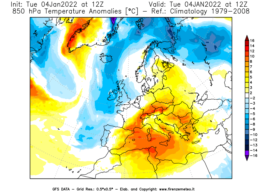 Mappa di analisi GFS - Anomalia Temperatura [°C] a 850 hPa in Europa
							del 04/01/2022 12 <!--googleoff: index-->UTC<!--googleon: index-->