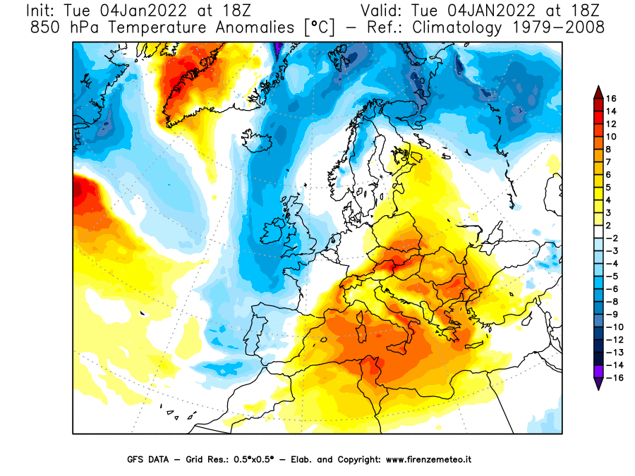 Mappa di analisi GFS - Anomalia Temperatura [°C] a 850 hPa in Europa
							del 04/01/2022 18 <!--googleoff: index-->UTC<!--googleon: index-->