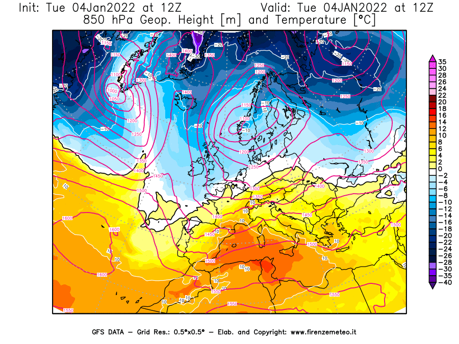 Mappa di analisi GFS - Geopotenziale [m] e Temperatura [°C] a 850 hPa in Europa
							del 04/01/2022 12 <!--googleoff: index-->UTC<!--googleon: index-->