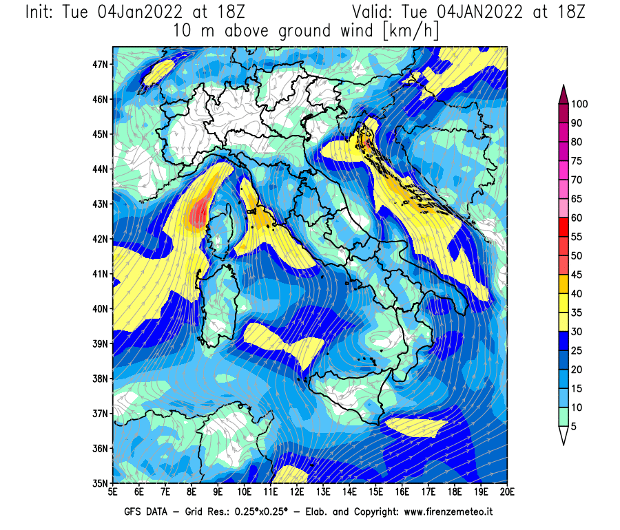 Mappa di analisi GFS - Velocità del vento a 10 metri dal suolo [km/h] in Italia
							del 04/01/2022 18 <!--googleoff: index-->UTC<!--googleon: index-->