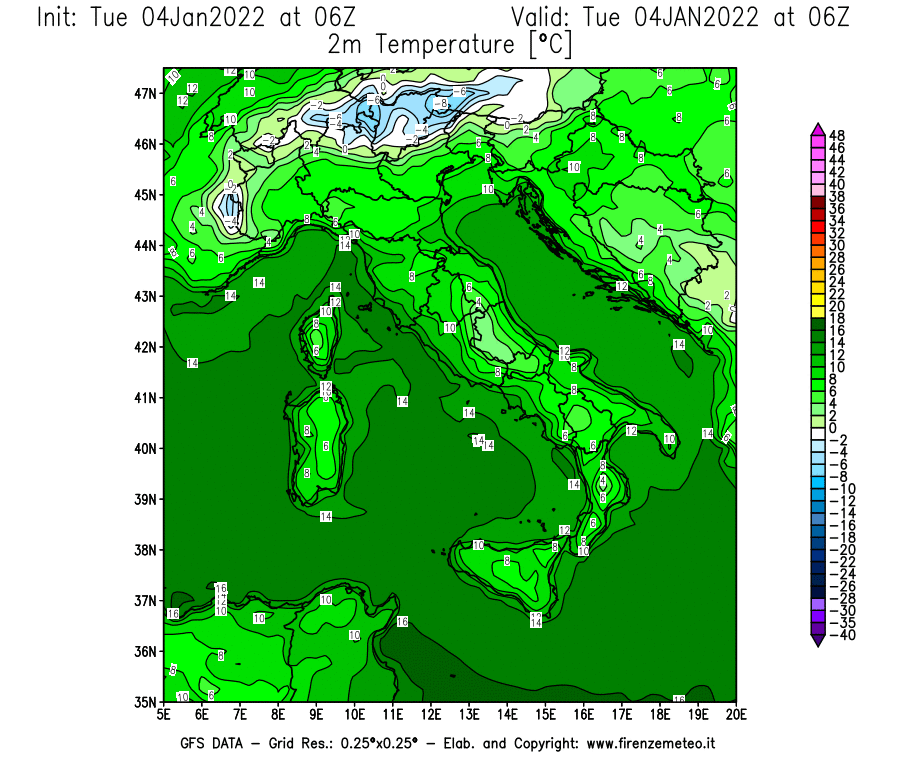 Mappa di analisi GFS - Temperatura a 2 metri dal suolo [°C] in Italia
							del 04/01/2022 06 <!--googleoff: index-->UTC<!--googleon: index-->