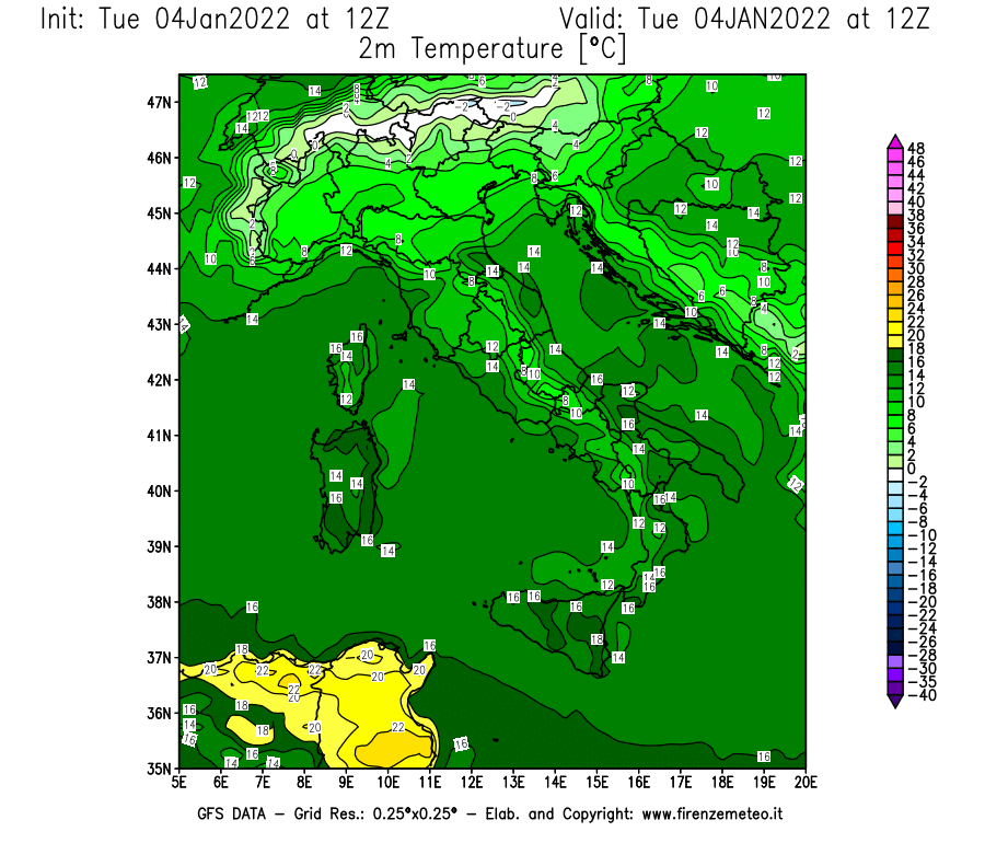 Mappa di analisi GFS - Temperatura a 2 metri dal suolo [°C] in Italia
							del 04/01/2022 12 <!--googleoff: index-->UTC<!--googleon: index-->