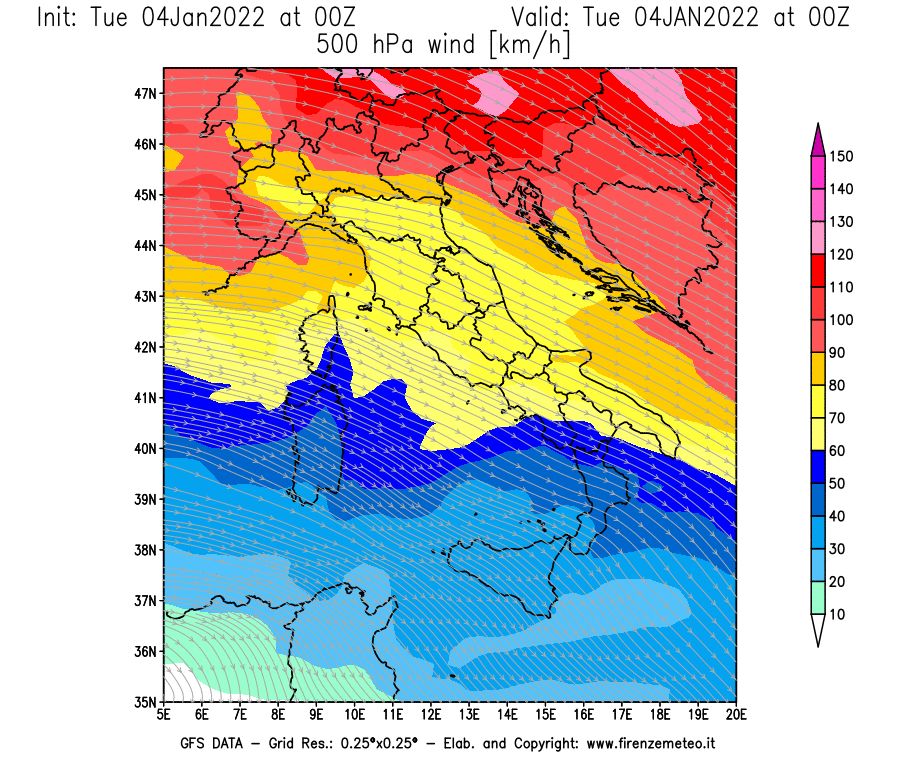 Mappa di analisi GFS - Velocità del vento a 500 hPa [km/h] in Italia
							del 04/01/2022 00 <!--googleoff: index-->UTC<!--googleon: index-->