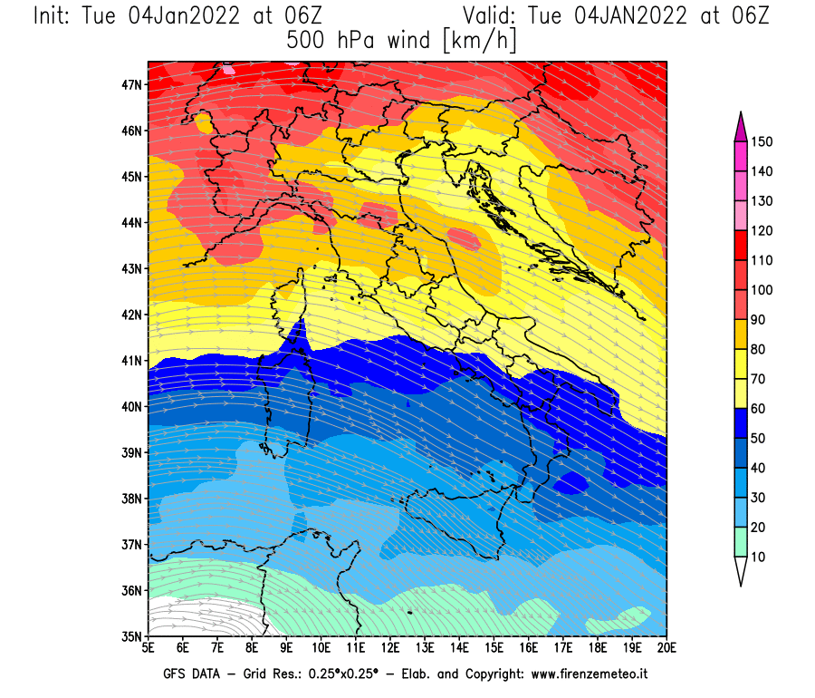 Mappa di analisi GFS - Velocità del vento a 500 hPa [km/h] in Italia
							del 04/01/2022 06 <!--googleoff: index-->UTC<!--googleon: index-->