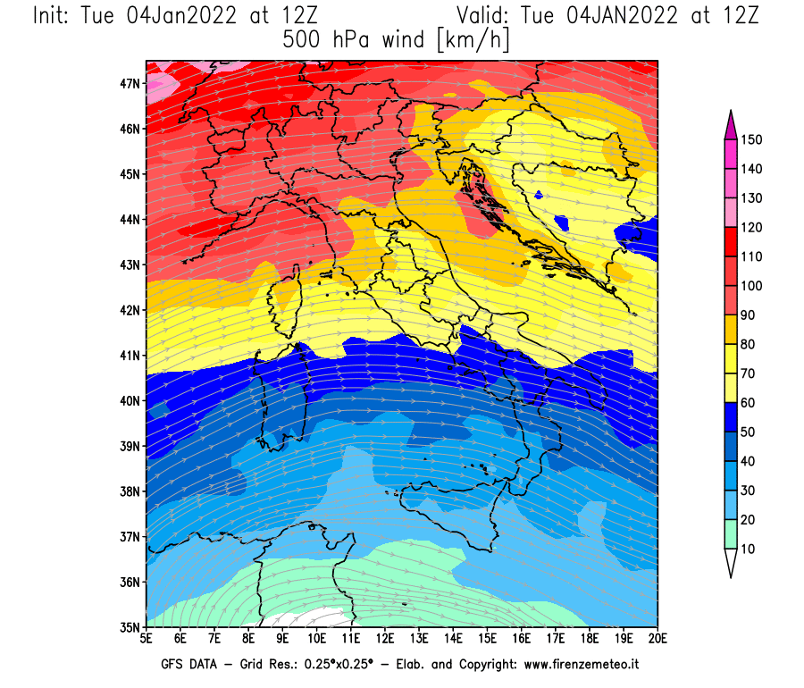 Mappa di analisi GFS - Velocità del vento a 500 hPa [km/h] in Italia
							del 04/01/2022 12 <!--googleoff: index-->UTC<!--googleon: index-->