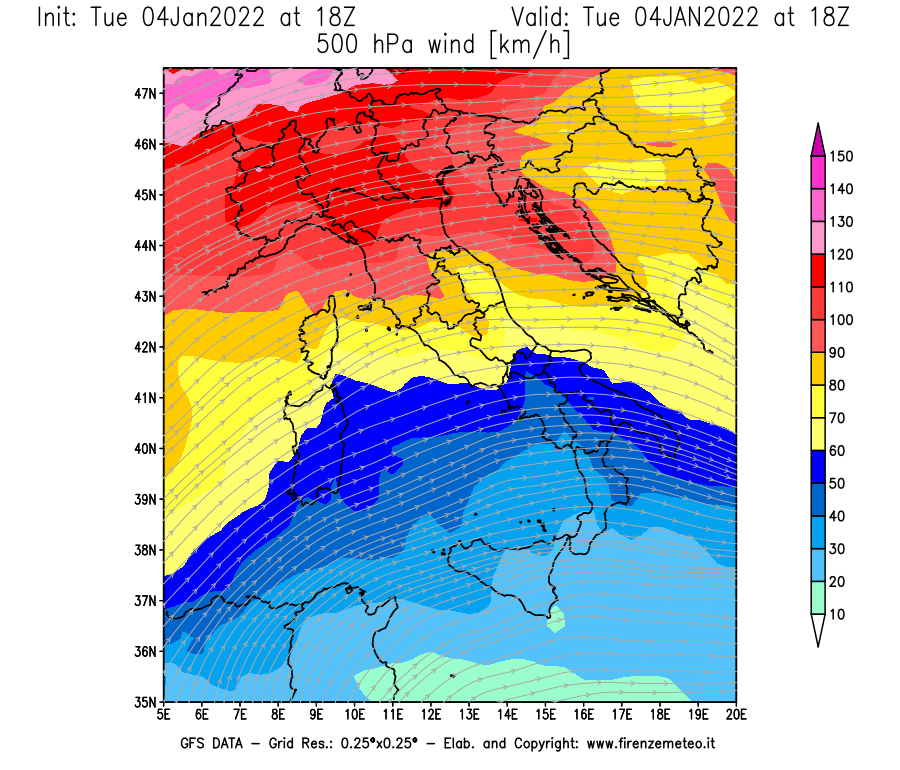Mappa di analisi GFS - Velocità del vento a 500 hPa [km/h] in Italia
							del 04/01/2022 18 <!--googleoff: index-->UTC<!--googleon: index-->