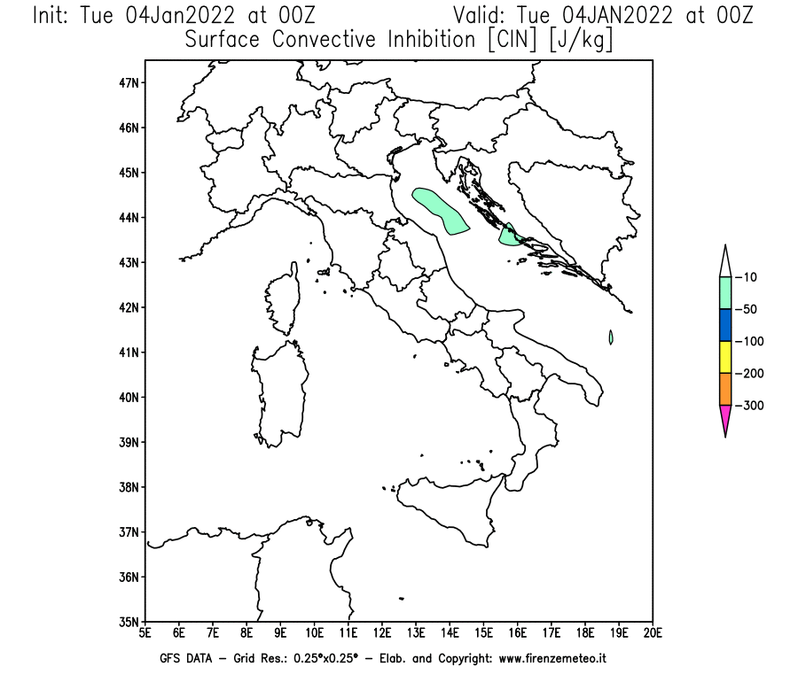 Mappa di analisi GFS - CIN [J/kg] in Italia
							del 04/01/2022 00 <!--googleoff: index-->UTC<!--googleon: index-->
