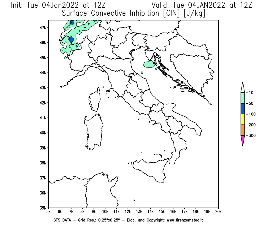 Mappa di analisi GFS - CIN [J/kg] in Italia
							del 04/01/2022 12 <!--googleoff: index-->UTC<!--googleon: index-->