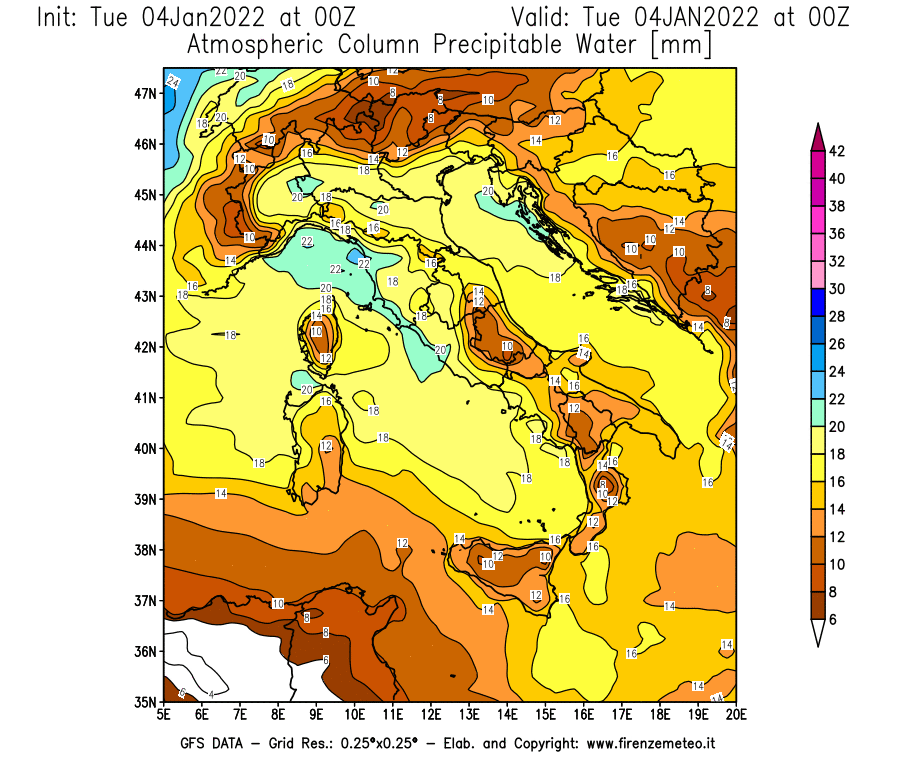 Mappa di analisi GFS - Precipitable Water [mm] in Italia
							del 04/01/2022 00 <!--googleoff: index-->UTC<!--googleon: index-->