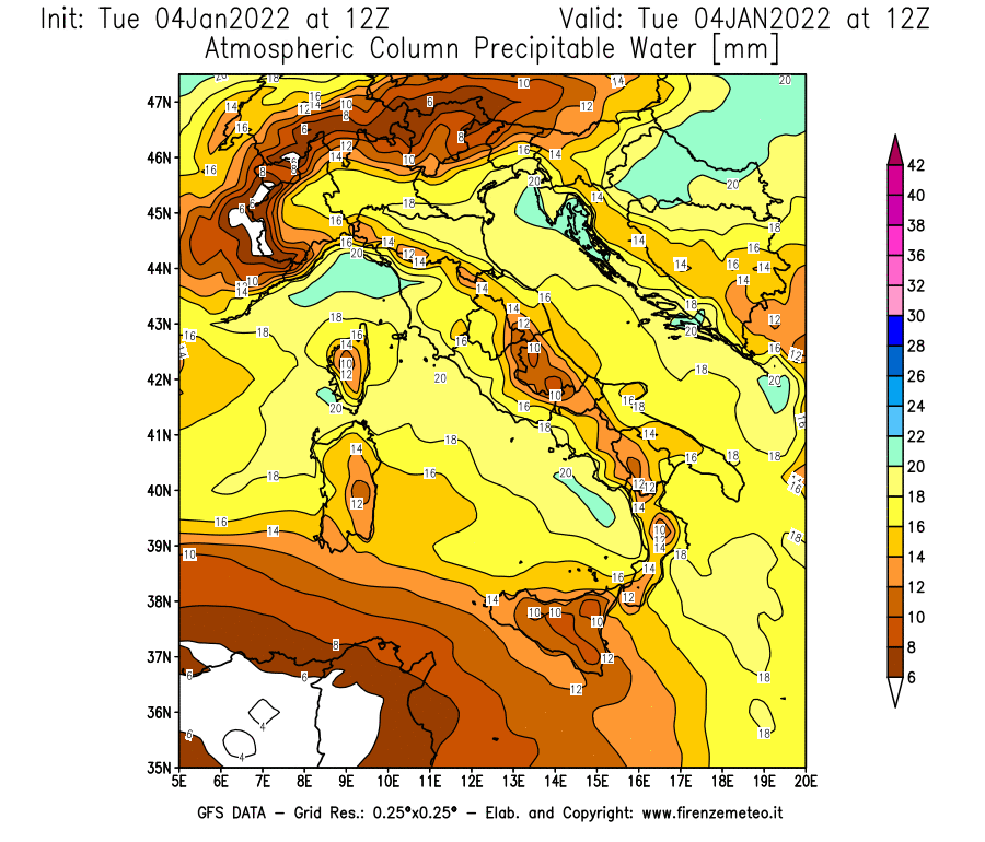Mappa di analisi GFS - Precipitable Water [mm] in Italia
							del 04/01/2022 12 <!--googleoff: index-->UTC<!--googleon: index-->