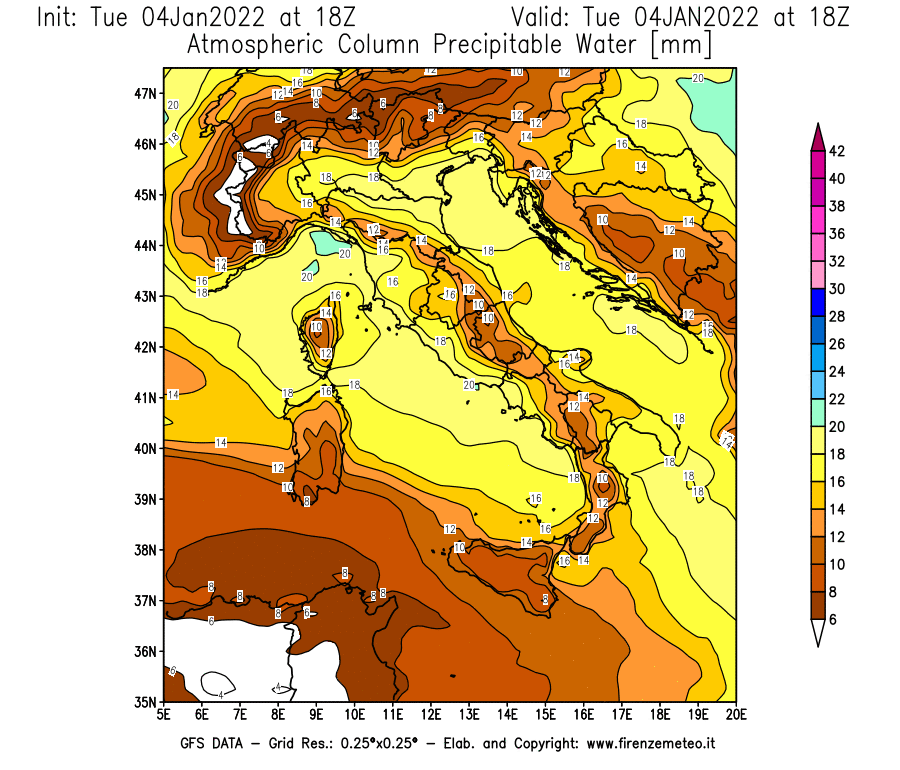 Mappa di analisi GFS - Precipitable Water [mm] in Italia
							del 04/01/2022 18 <!--googleoff: index-->UTC<!--googleon: index-->