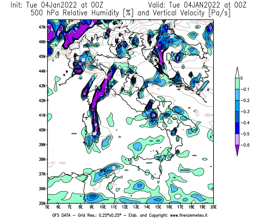 Mappa di analisi GFS - Umidità relativa [%] e Omega [Pa/s] a 500 hPa in Italia
							del 04/01/2022 00 <!--googleoff: index-->UTC<!--googleon: index-->