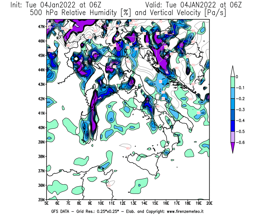 Mappa di analisi GFS - Umidità relativa [%] e Omega [Pa/s] a 500 hPa in Italia
							del 04/01/2022 06 <!--googleoff: index-->UTC<!--googleon: index-->