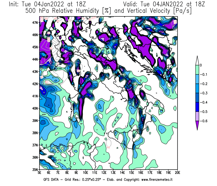 Mappa di analisi GFS - Umidità relativa [%] e Omega [Pa/s] a 500 hPa in Italia
							del 04/01/2022 18 <!--googleoff: index-->UTC<!--googleon: index-->