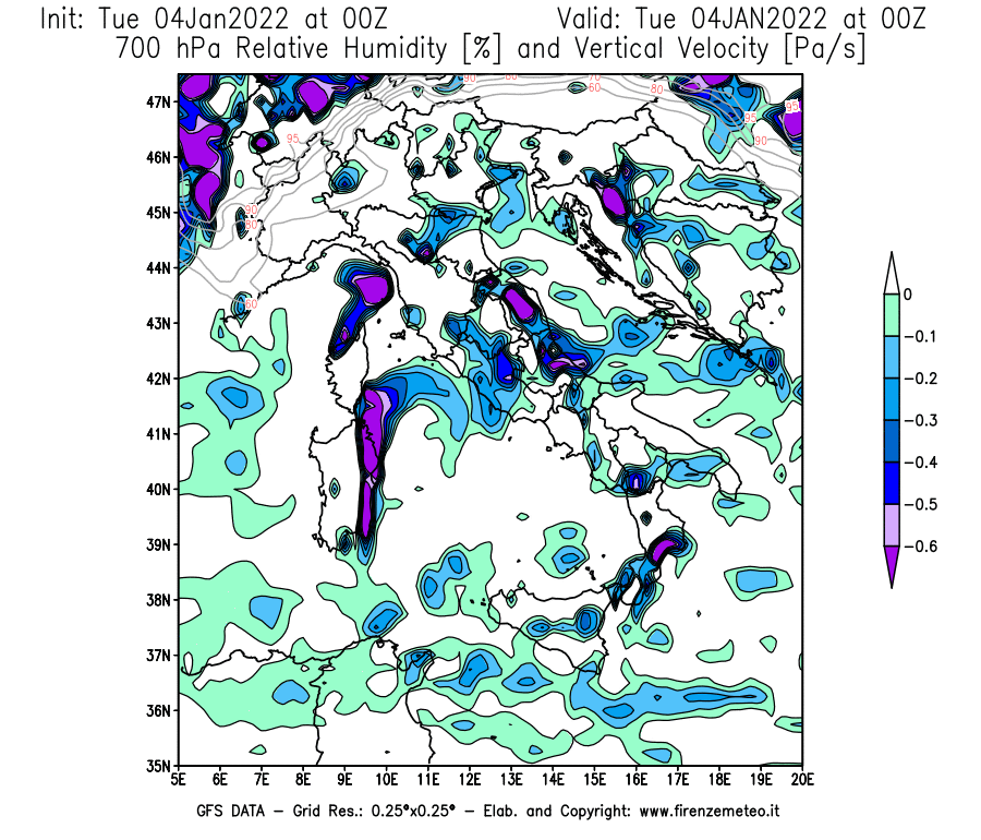 Mappa di analisi GFS - Umidità relativa [%] e Omega [Pa/s] a 700 hPa in Italia
							del 04/01/2022 00 <!--googleoff: index-->UTC<!--googleon: index-->