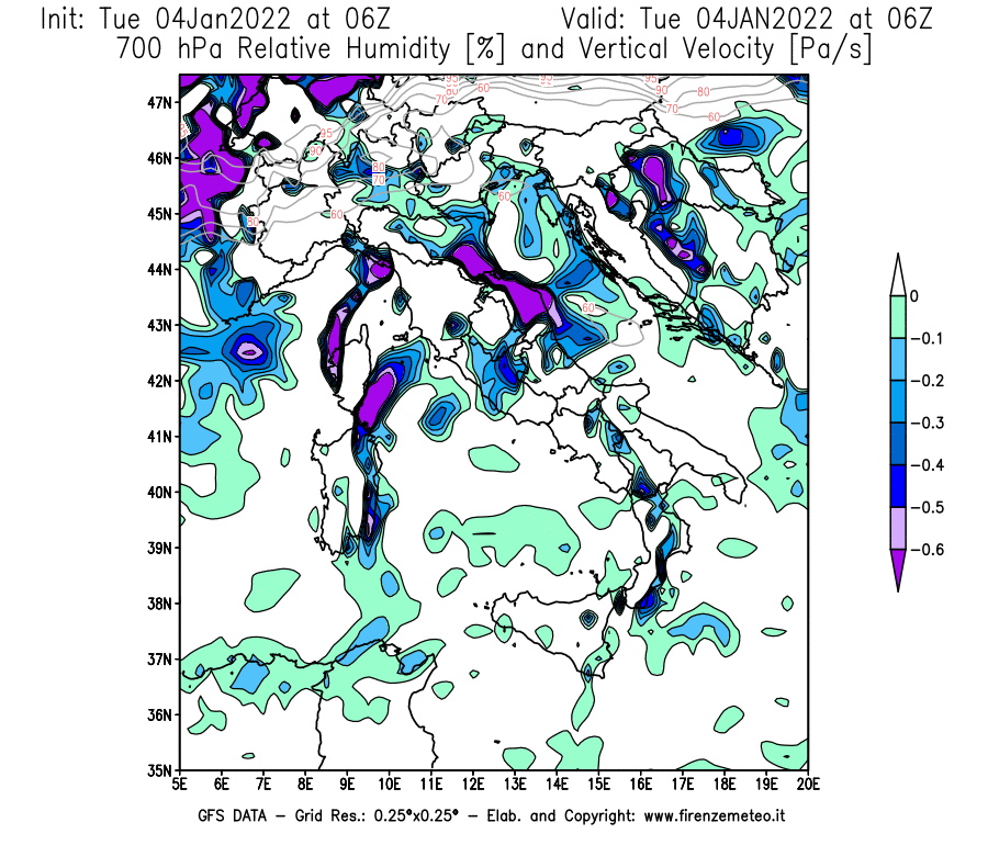 Mappa di analisi GFS - Umidità relativa [%] e Omega [Pa/s] a 700 hPa in Italia
							del 04/01/2022 06 <!--googleoff: index-->UTC<!--googleon: index-->