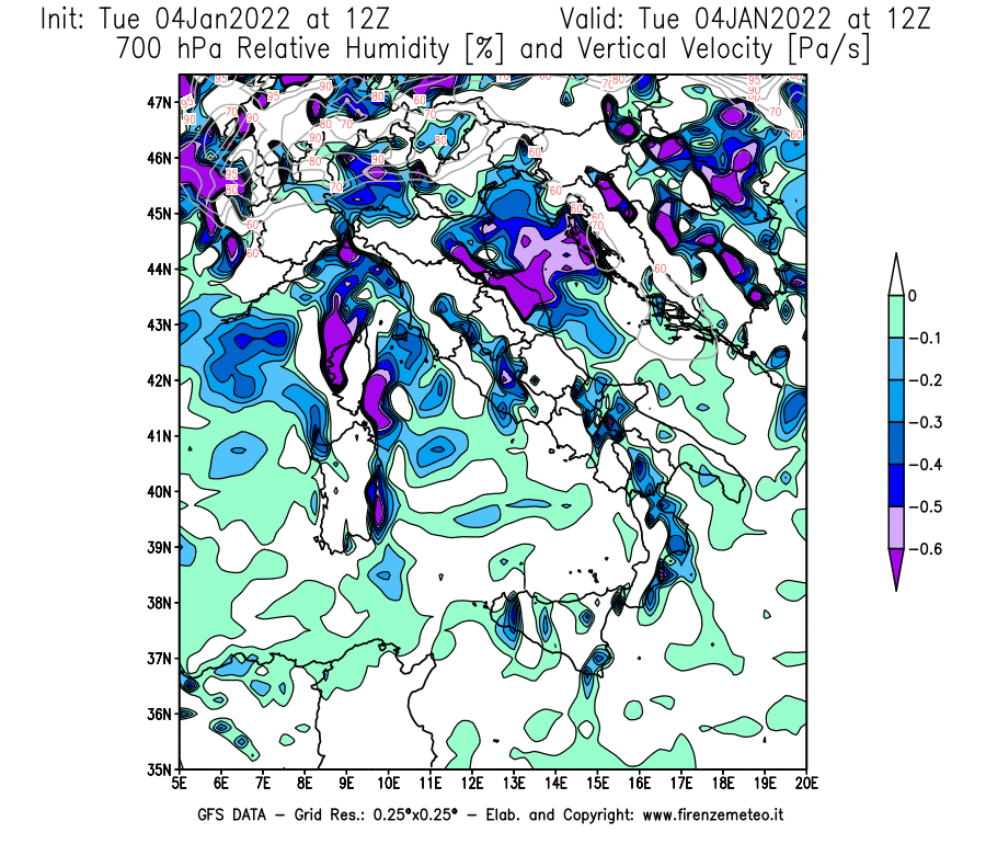 Mappa di analisi GFS - Umidità relativa [%] e Omega [Pa/s] a 700 hPa in Italia
							del 04/01/2022 12 <!--googleoff: index-->UTC<!--googleon: index-->