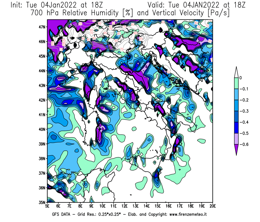 Mappa di analisi GFS - Umidità relativa [%] e Omega [Pa/s] a 700 hPa in Italia
							del 04/01/2022 18 <!--googleoff: index-->UTC<!--googleon: index-->