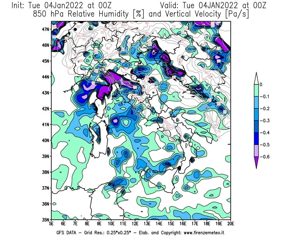 Mappa di analisi GFS - Umidità relativa [%] e Omega [Pa/s] a 850 hPa in Italia
							del 04/01/2022 00 <!--googleoff: index-->UTC<!--googleon: index-->