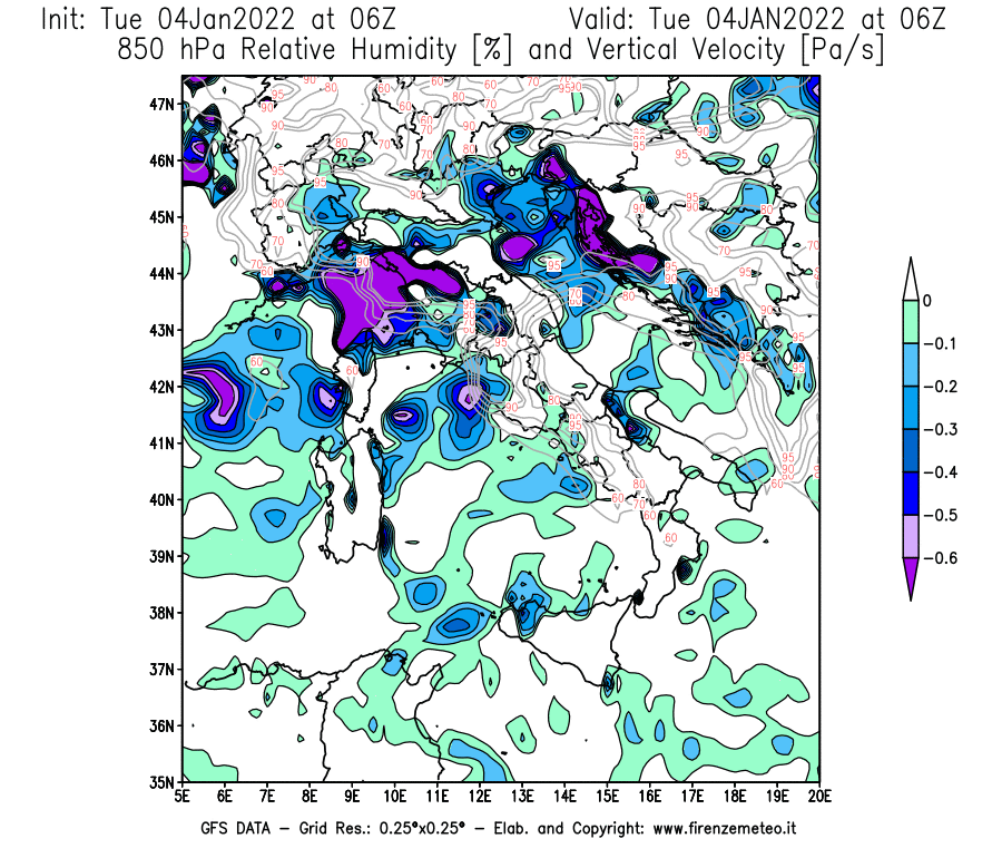 Mappa di analisi GFS - Umidità relativa [%] e Omega [Pa/s] a 850 hPa in Italia
							del 04/01/2022 06 <!--googleoff: index-->UTC<!--googleon: index-->