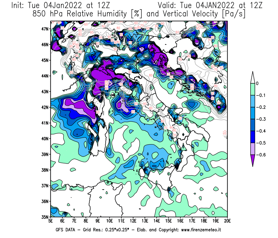 Mappa di analisi GFS - Umidità relativa [%] e Omega [Pa/s] a 850 hPa in Italia
							del 04/01/2022 12 <!--googleoff: index-->UTC<!--googleon: index-->